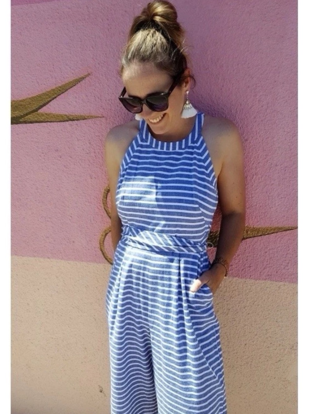 Striped Blue Halter-Waist Jumpsuit with Pockets